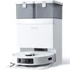 A white robot vacuum cleaner with a charging and cleaning station, featuring two gray water tanks on top. Produktbild-Vorschau