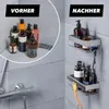 A split image showing a before and after of bathroom organization with shower caddies. Produktbild-Vorschau