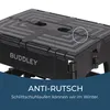 Close-up of a black foldable step stool with text overlay. Produktbild-Vorschau