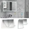 A bathroom mirror with integrated lighting is shown in a modern bathroom setting, with icons indicating features. Anteprima dell’immagine prodotto
