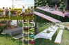 A collage of images showing picnic tables with tablecloths and bench cushions in various settings and colors. Produktbild-Vorschau