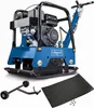 A blue and black vibratory plate compactor with accessories, including a rubber mat and a wheel kit, displayed on a white background. Produktbild-Vorschau