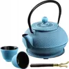 A blue cast iron teapot set with two cups and a small tool, displayed on a white background. Náhled obrázku produktu