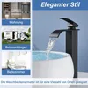 A collage showing a modern bathroom faucet in use, a bathroom interior, a camper, and another bathroom. Produktbild-Vorschau