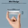 A hand holding a small white smoke detector with dimensions indicated. Produktbild-Vorschau