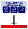 A green metal post support with a square base is shown, with marketing text and icons above it. Produktbild-Vorschau