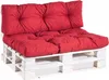 A red cushioned sofa made from wooden pallets, shown against a white background. Voir les images du produit