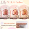A collage of three images showing a children's vanity mirror with lights, demonstrating different light colors, and a separate image showing a finger pressing a light switch. Produktbild-Vorschau