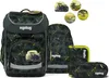 A set of school supplies including a backpack, pencil case, and other accessories, all with a camouflage-like pattern and tractor graphics. Produktbild-Vorschau