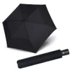 A black umbrella is shown open, with its case lying next to it. Produktbild-Vorschau