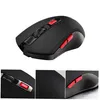 A black wireless gaming mouse with red accents is shown against a white background. The image is composed of a main shot of the mouse and three smaller inset images showing close-ups of its features. Produktbild-Vorschau