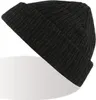 A close-up studio shot of a dark grey beanie hat on a white background.