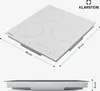 A white induction hob with three cooking zones, shown from a top-down perspective and a side profile, with dimensions indicated. Podgląd zdjęcia produktu