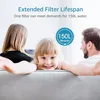 A family is relaxing on a couch, with text overlay indicating extended filter lifespan. Produktbild-Vorschau