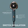 A hairdryer is shown against a teal background with text overlays explaining its features and controls. Náhled obrázku produktu