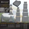 A collage of different shapes and sizes of sunshades, along with their mounting accessories and a size chart. Produktbild-Vorschau