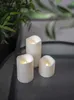 Three white LED candles of varying sizes are arranged on a dark gray surface, with a blurred green plant in the background. Produktbild-Vorschau