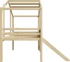 A wooden loft bed with a slide, shown from the side against a white background. Produktbild-Vorschau