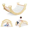 A collage of three images showing a wooden climbing arch and rocker for children, with a baby and a young boy interacting with it. Podgląd zdjęcia produktu
