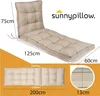 A collage of images showing a padded lounge chair cushion from different angles and with dimensions indicated. Produktbild-Vorschau