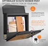 A dark gray mailbox with a wood-look front flap is shown open, displaying mail inside. Text overlays describe features. Produktbild-Vorschau
