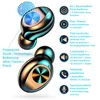Close-up of wireless earbuds with instructional text and icons. Produktbild-Vorschau