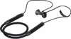 A pair of black wireless earphones with a neckband.