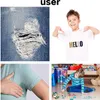 A collage of four images: ripped denim, a boy pointing to his shirt, a person's armpit with sweat stains, and a boy playing with toys. Produktbild-Vorschau