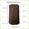 A rain barrel designed to look like a tree trunk, with labels indicating its dimensions and features. Produktbild-Vorschau