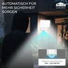 A person in a hoodie is illuminated by a security light with a motion sensor, suggesting enhanced safety. Produktbild-Vorschau