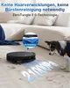 A robot vacuum cleaner is shown on a carpeted floor next to a dog, with text overlays highlighting its features. Produktbild-Vorschau