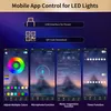 A marketing image showing mobile app controls for LED lights, including features like color adjustment, microphone function, music responsiveness, and timer. Anteprima dell’immagine prodotto