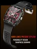 A close-up, angled shot of a smartwatch with a black strap and a black and red face, set against a dark brown background. Produktbild-Vorschau