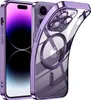 A close-up, angled view of a purple iPhone 14 Pro Max case with a clear back, showcasing the MagSafe ring and camera protection. Produktbild-Vorschau