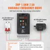 Diagram showing a variable frequency drive connected to a circuit breaker and a motor, with text explaining its features and specifications. Náhled obrázku produktu