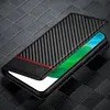 A phone case with a carbon fiber pattern is shown open, revealing a phone screen. Produktbild-Vorschau