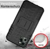 A black protective phone case with a kickstand is shown at an angle, with a close-up inset showing the buffer material. Produktbild-Vorschau