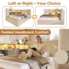 A collage showing different configurations of a bed with storage and lighting, and a woman reading in bed. Produktbild-Vorschau