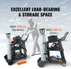 Two welding carts are shown side-by-side, each holding welding equipment and gas cylinders. A stylized human figure is pushing one of the carts. Text overlays highlight load-bearing capacity. Produktbild-Vorschau