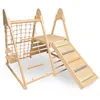 A wooden indoor playground structure for children, featuring a climbing net, ladder, and slide. Produktbild-Vorschau