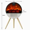 A round electric fireplace heater with a simulated flame effect, mounted on three wooden legs. Dimensions are indicated with measurement lines and text. Produktbild-Vorschau