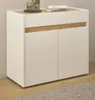 A white and wood-tone cabinet with two doors and a drawer, placed on a wooden floor with a rug in front. Produktbild-Vorschau