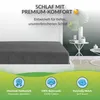 A close-up view of a dark gray fitted sheet on a bed, with marketing text and icons at the top and bottom. Produktbild-Vorschau