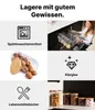 Collage mit klaren Glas-Lebensmittelaufbewahrungsbehältern mit Bambusdeckeln, die Eigenschaften wie spülmaschinenfest, klares Glas und lebensmittelecht hervorhebt Produktbild-Vorschau