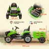 A collage of images showing a green ride-on tractor with a trailer, including close-ups of dimensions and features. Náhľad obrázku produktu