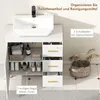 A white bathroom vanity with a sink, drawers, and open cabinets filled with toiletries and cleaning supplies. Produktbild-Vorschau