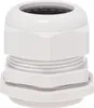 A white plastic cable gland with hexagonal nuts and threaded sections, shown in isolation against a white background. Produktbild-Vorschau