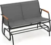 A gray two-seater garden glider bench with wooden armrests on a white background. Anteprima dell’immagine prodotto