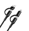 A black multi-charger cable with USB-C and Lightning connectors is shown against a white background. Produktbild-Vorschau