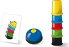 A card showing a stack of cups, a blue bell with a yellow button, and a tall stack of colorful cups. Produktbild-Vorschau